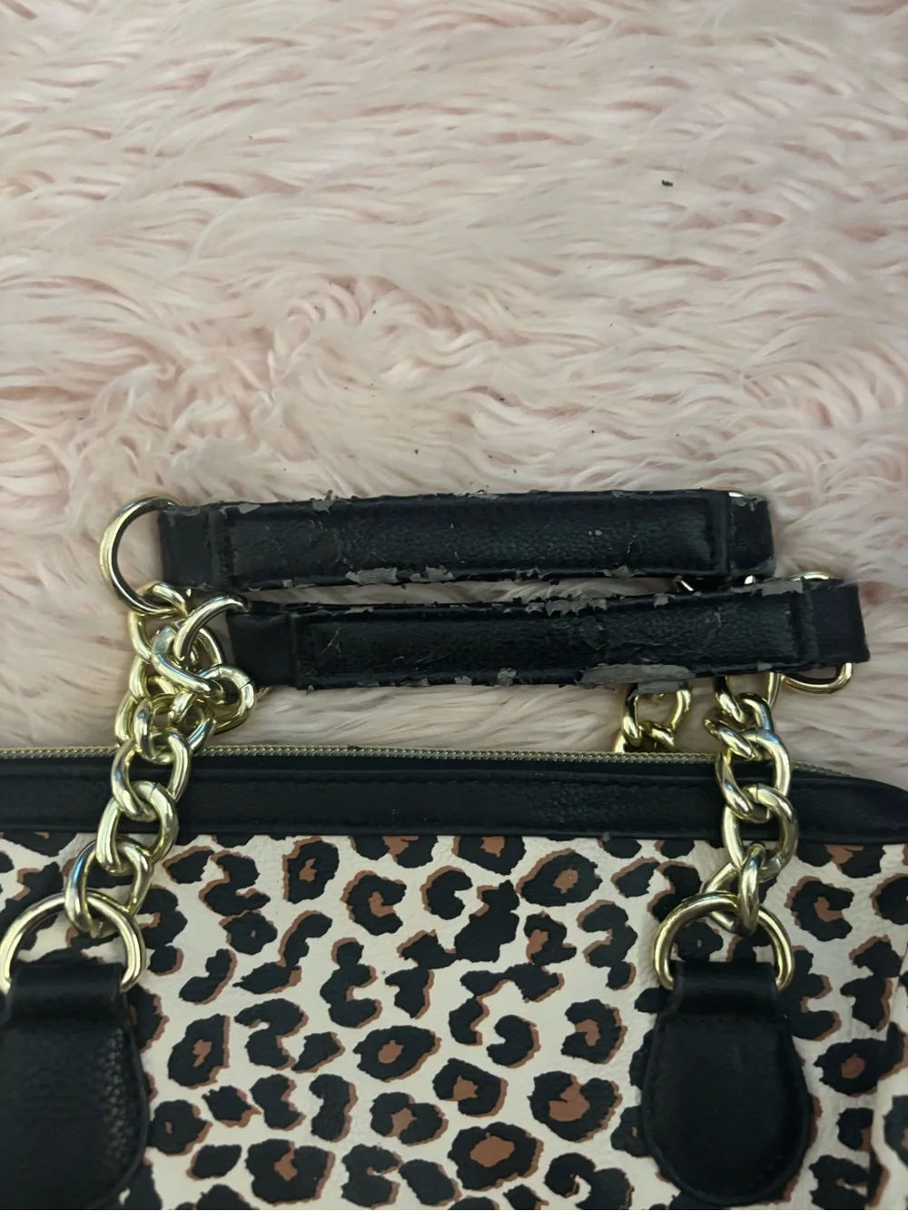 Betsey Johnson Leopard Print Satchel in Brown and Black with Gold Chain Handles